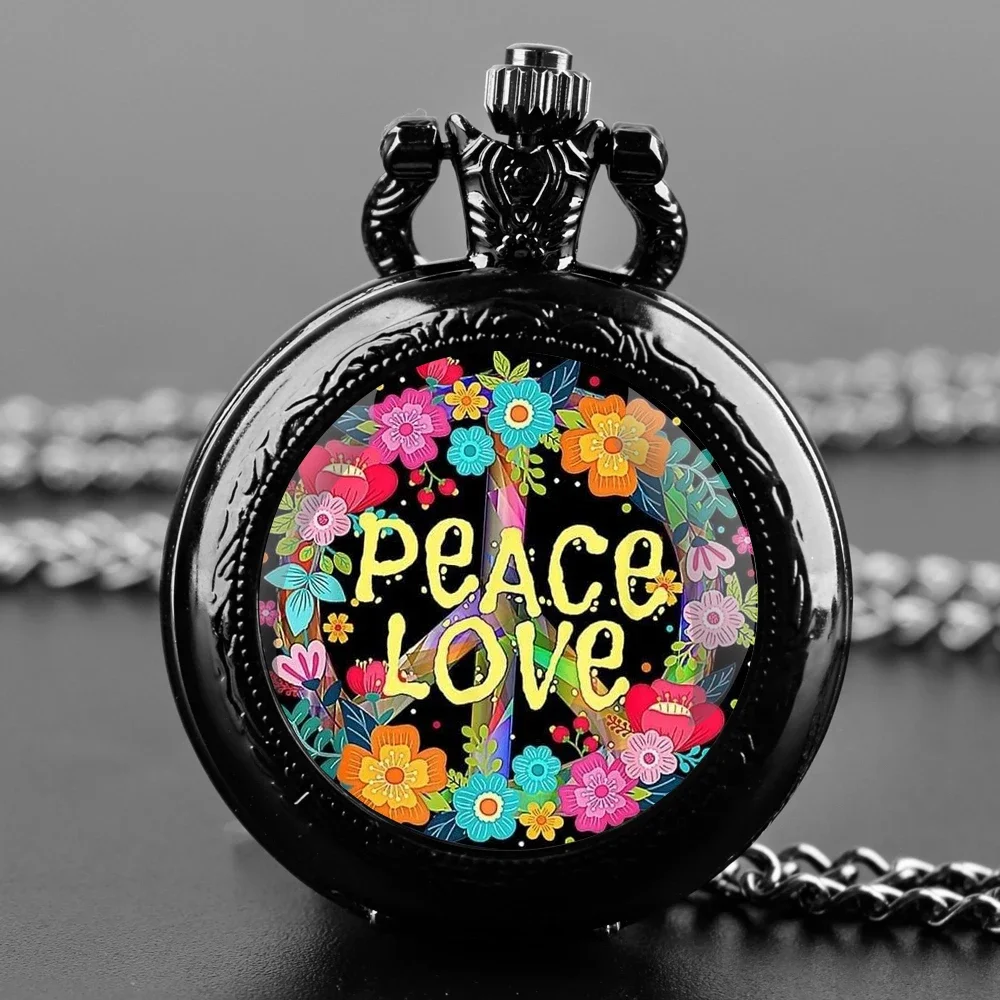 

Peace And Love Glass Dome Vintage Quartz Pocket Watch Men Women Pendant Necklace Chain Charm Clock Hours Watch Jewelry Gifts