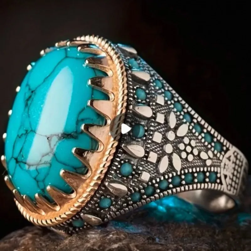 European and American Punk New Retro Men's Electroplating Two-color Inlaid Turquoise Ring Punk Style Personality Banquet Ring