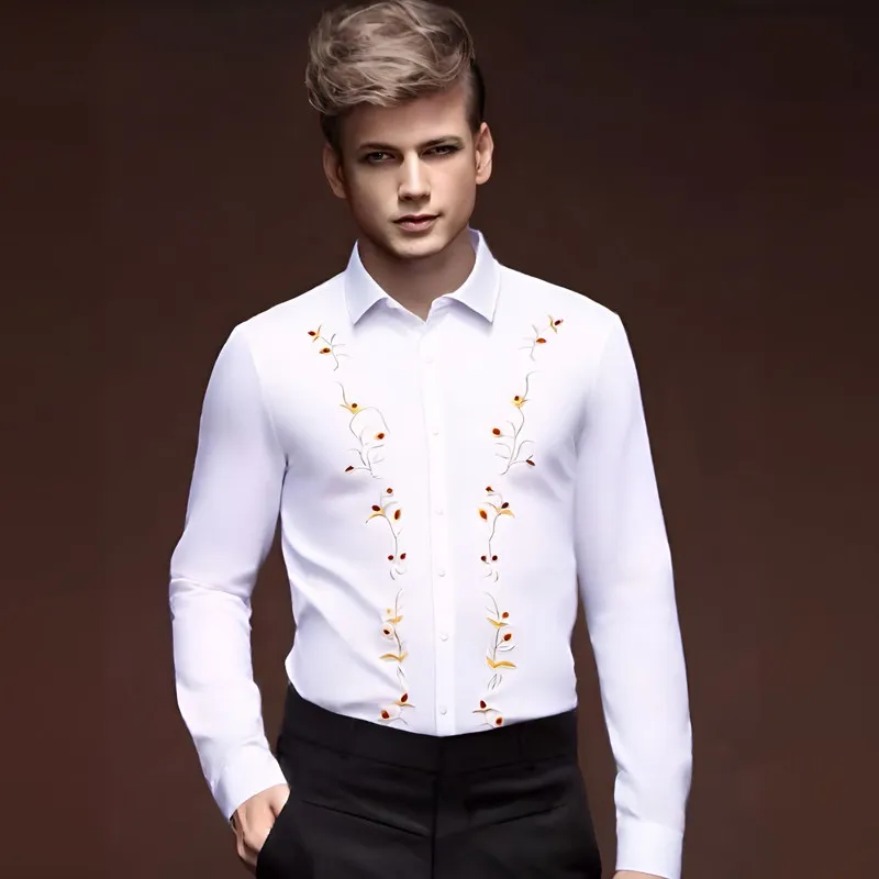 

Men's Long Sleeve Embroidered Shirt Floral Gentleman Style Breathable Casual Fashion Standard Fit Four Seasons Polyester Blend