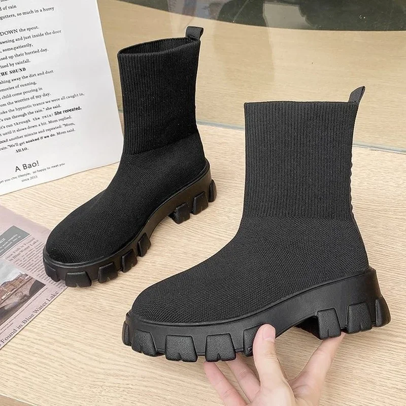 New Sock Boots Women Casual Fashion Knitting Booties Woman Platform Shoes 2021, Autumn Winter Slip-on Wedges Ankle Botas De Mujer