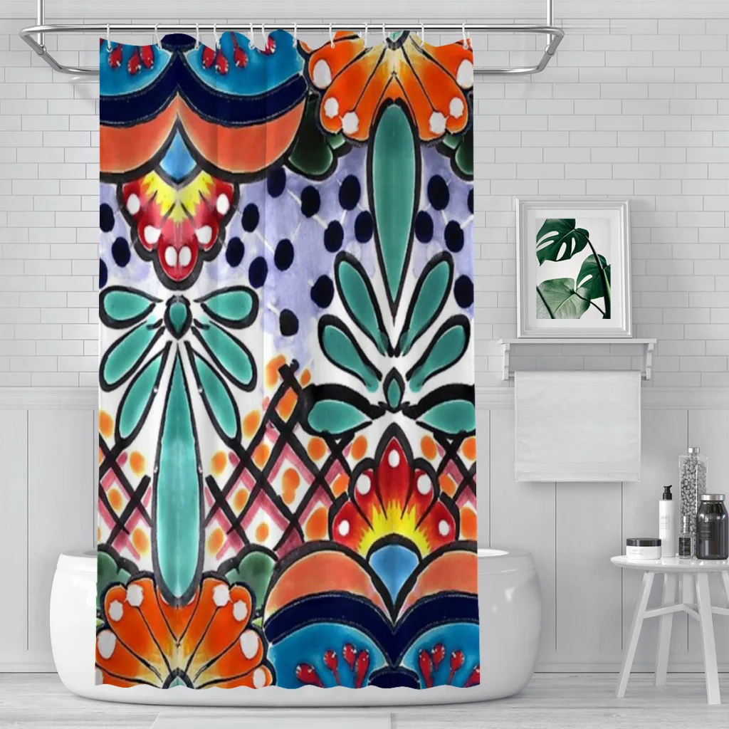 

Colorful Talavera, Orange Accent, Mexican Tile Design Shower Curtain Landscape Bath Curtain With Hooks