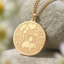 Dawapara Good Luck Elephant Medallion Necklace Powerful Protection Amulet Ohm Symbol Horseshoe Evil Eye Necklace Stainless Steel