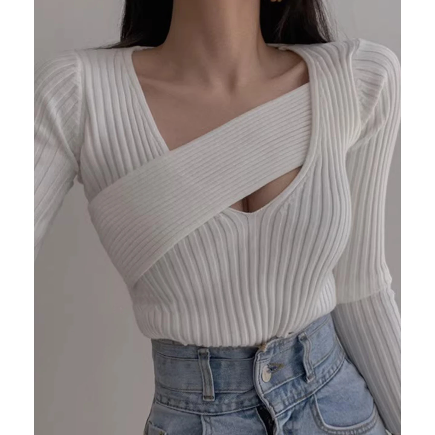 Slim Fit V-Ne Knitwear Women's Base Layer Sweater Autumn Season Striped Design Casual Comfortable Breathable Faionable