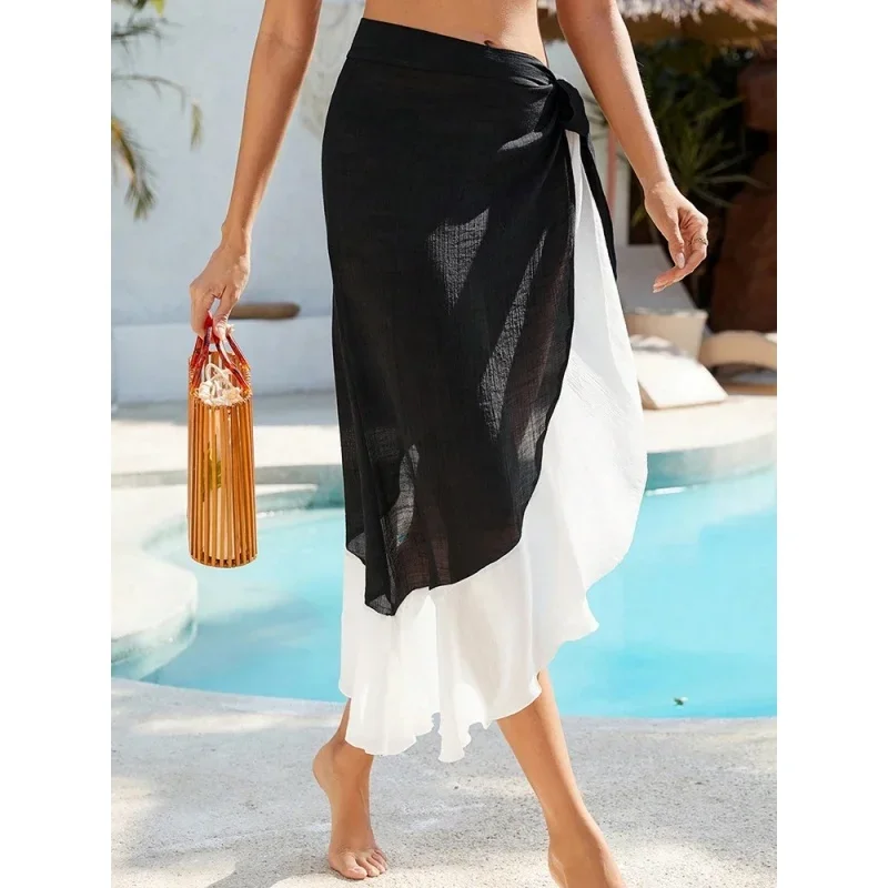 Trendy Beach Wrap Skirt Women Solid Ruffles High Waist Bandage Bikini Cover Up Bathing Suit Beachwear Thin Sunscreen Long Skirts
