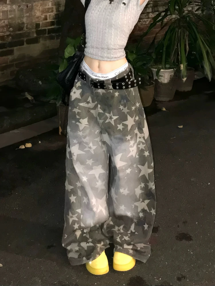 

HOUZHOU Y2k Star Print Vintage Women Distressed Jeans Harajuku Low Waist American Style Denim Trousers Baggy Casual Streetwear