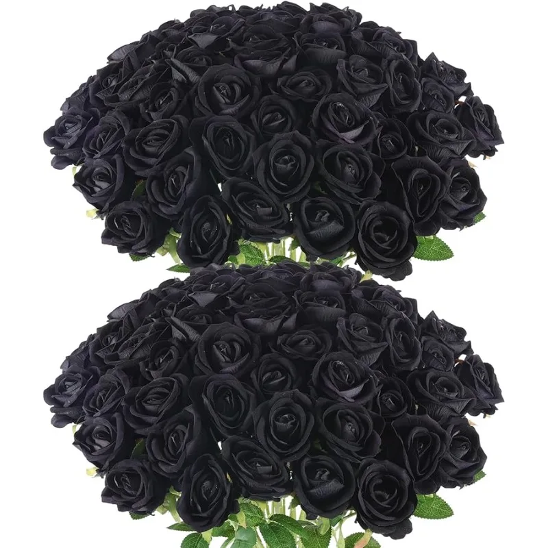

50 Pcs Artificial Roses in Bulk, Fake Velvet Silk Roses Realistic Black Roses for Wedding Centerpieces Flower Arrangement Home D