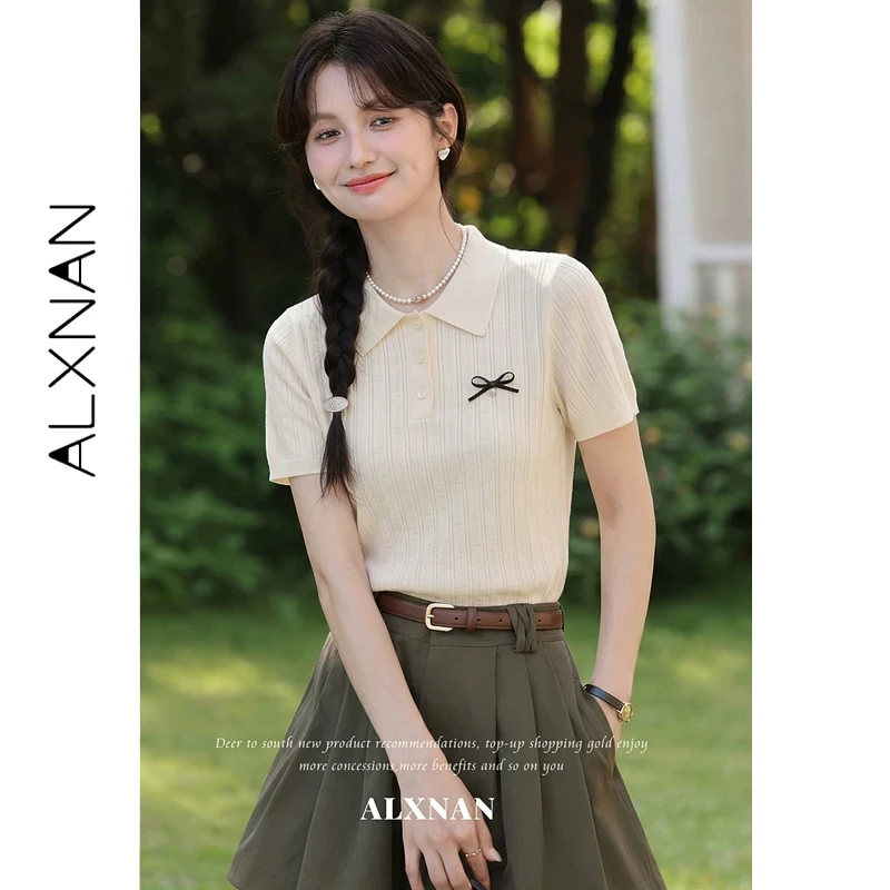 

ALXNAN Polo Collar Short Sleeve T-shirt Women Summer New Bow Twisted Texture Knitted Fabric T-shirts Casual Female Tops L65751A