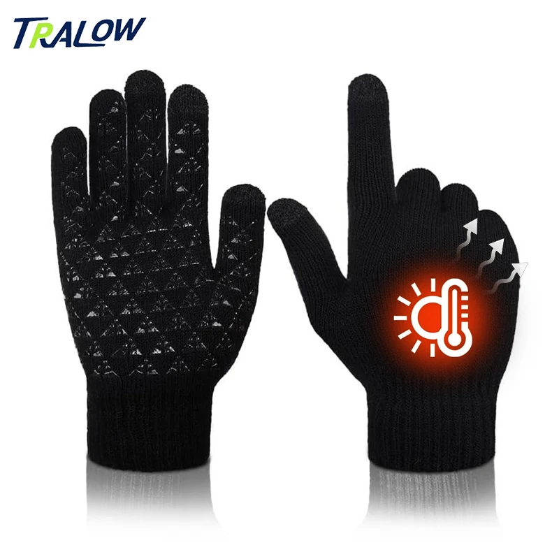 

TRALOW Winter Gloves Warm Knit Touchscreen Anti Slip Silicone Mittens Soft Elastic Cuff Texting Mittens For Cycling Driving
