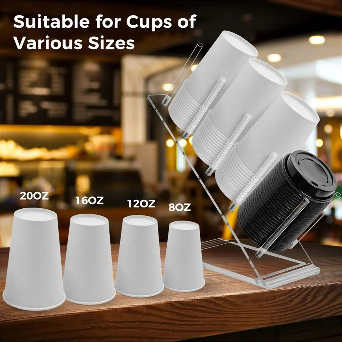 A67T NEW Acrylic Cup and Lid Holder, Adjustable Coffee Cup Holder Organizer Disposable Cup Dispenser Stand Countertop for Coffee