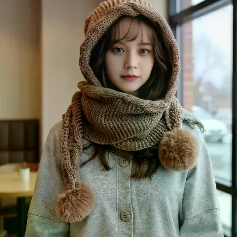 سميكة محبوك قبعة صوفية مقنعين وشاح قبعة حماية الأذن قبعات دافئة قبعة الشتاء ووشاح كومبو للنساء