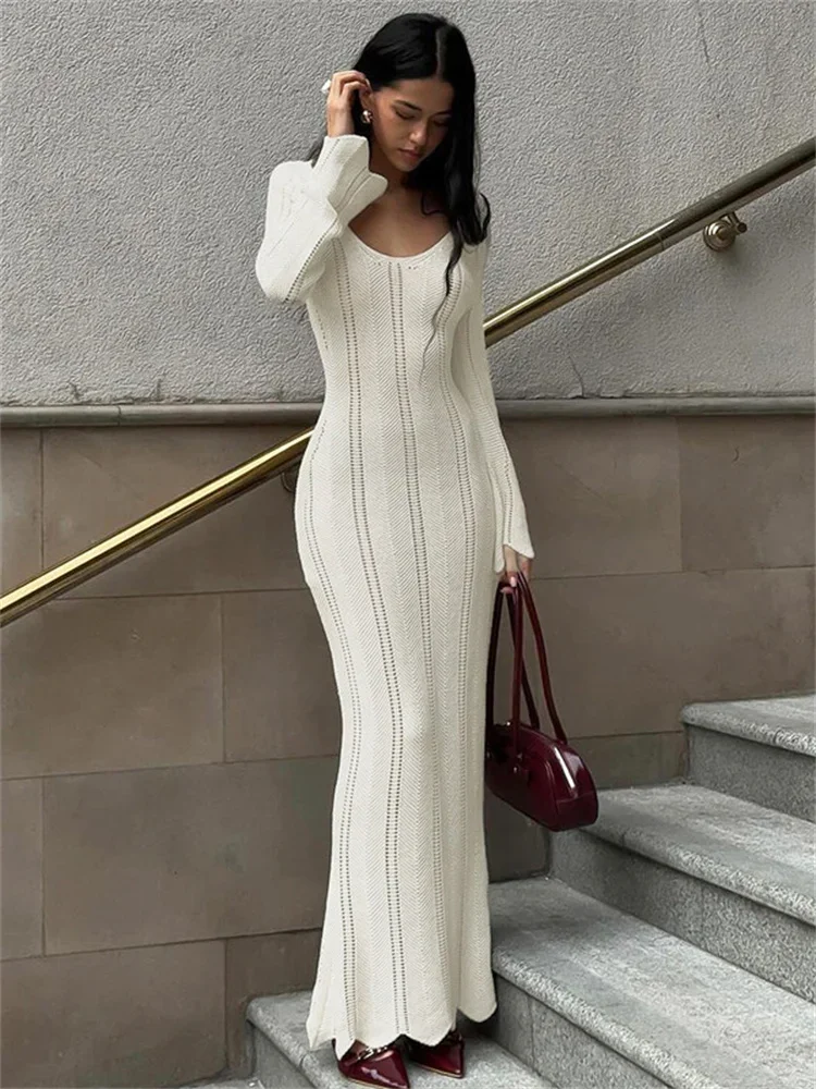 Talenza Knitted Hollow Slim Long Dress Women\'s Elegant Solid Color Long Sleeve Evening Dress Fashion Slim Summer New Long Dress