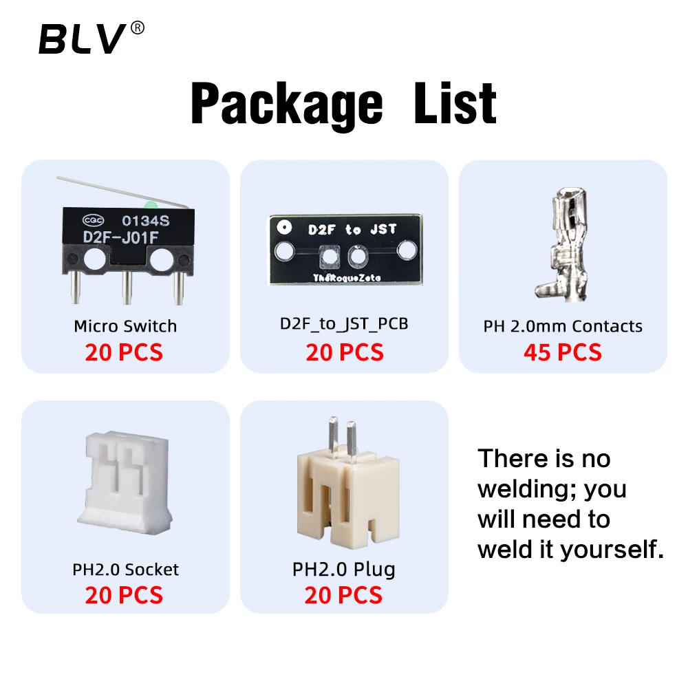 BLV® 20 PCS D2F-J01F Limit Switch D2F to JST PCB Adapts the Omron D2F Family of Micro Switches to a Standard JST 2 Pin Connector