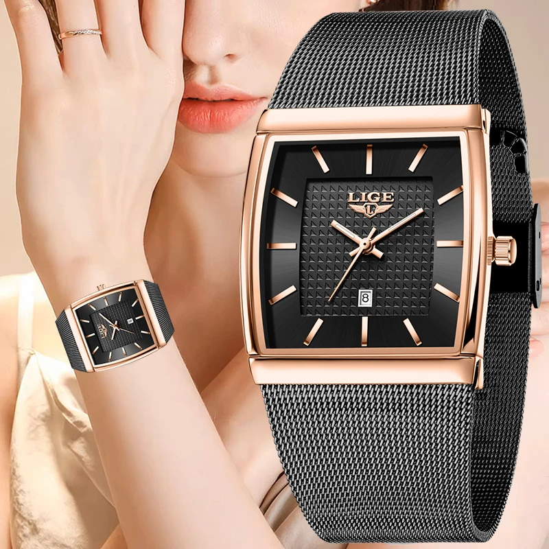 LIGE Women's Watches Rose Gold Ultra Thin Mesh Square Waterproof Watch For Women Elegant Quartz Bracelet Ladies Girl Clock Gift
