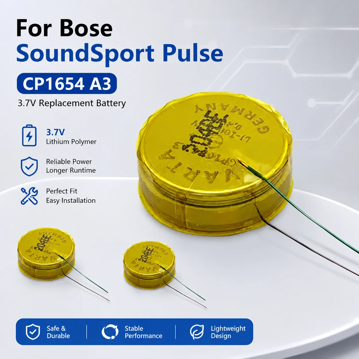 

CP1654 A3 3.7V Rechargeable Li-ion Battery for Boss Soundsport Pulse Wireless Bluetooth Headset Made in Germany