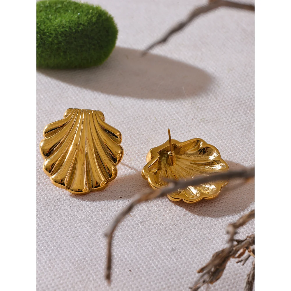 Yhpup Fashion Metal Shell Gold Color Stud Earrings Women Waterproof Stainless Steel Beach Seaside Holiday Summer Jewelry Bijoux