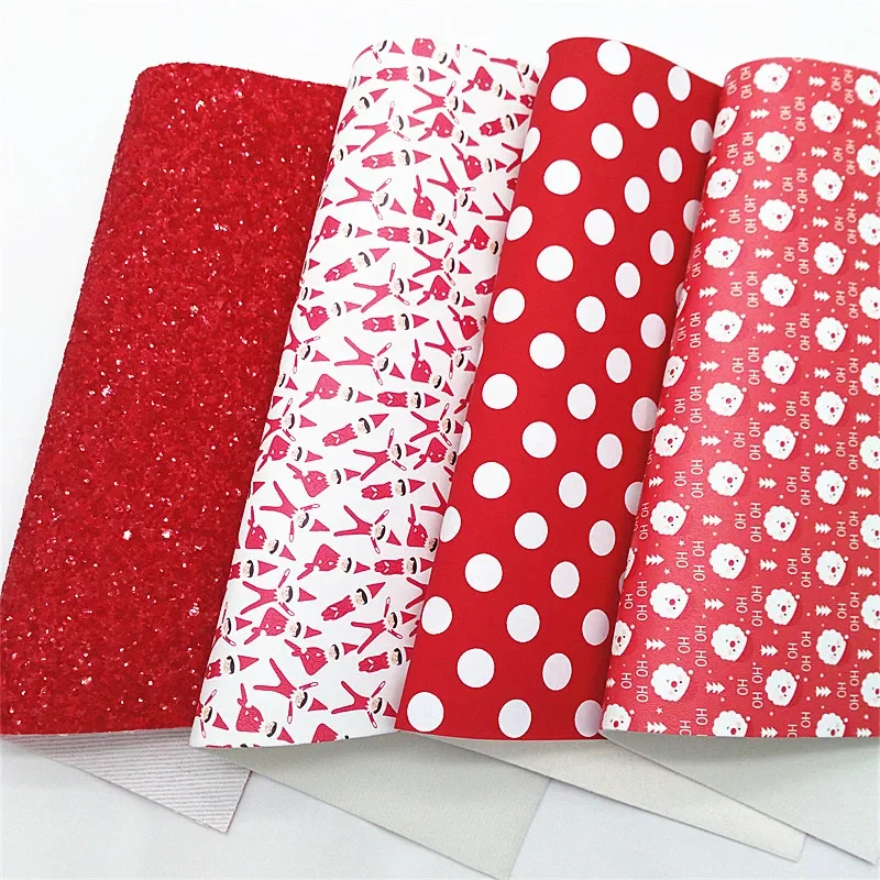 Red Glitter Leather Sheets Dots Elfs Santa Printed Synthetic Leather Fabric Felt Backing Faux Leather For Bow DIY 21x29CM Q1522