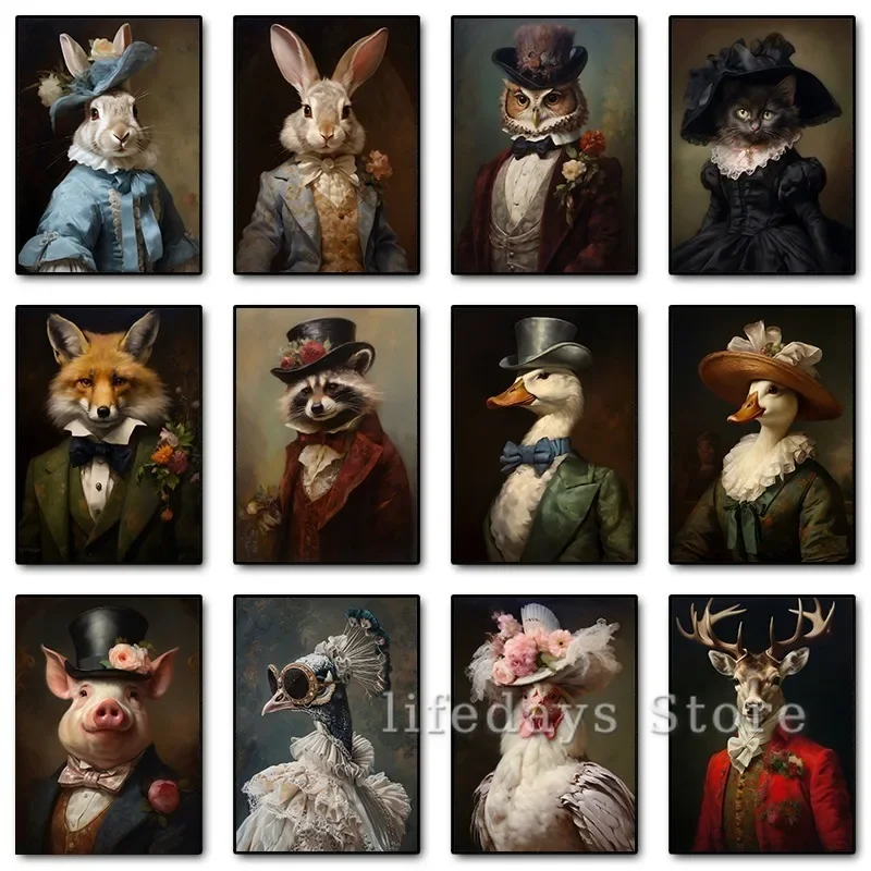 Canvas Printing Victorian Animal Portrait Poster Peacock Raccoon Chicken Rabbit Renaissance Royal Dress Wall Art Home Decor Gift