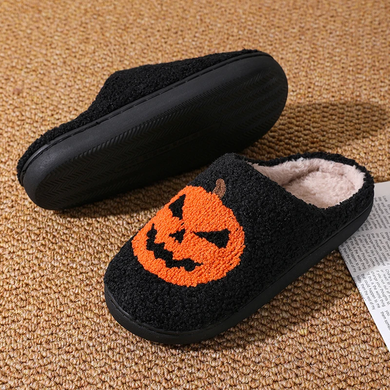 Devil Slide Halloween Pattern Embroidery Stuffed Home Plaid Furry Cotton Slippers Warm Non-slip Indoor Slipper Pumpkin  Mom Gift