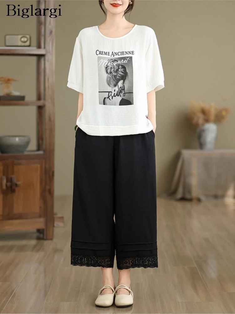 

Oversized Summer 2 Two Piece Set Women Print Fashion Casual Short Sleeve Ladies Blouses Lace Patchwork Loose Woman Wide Leg Pant