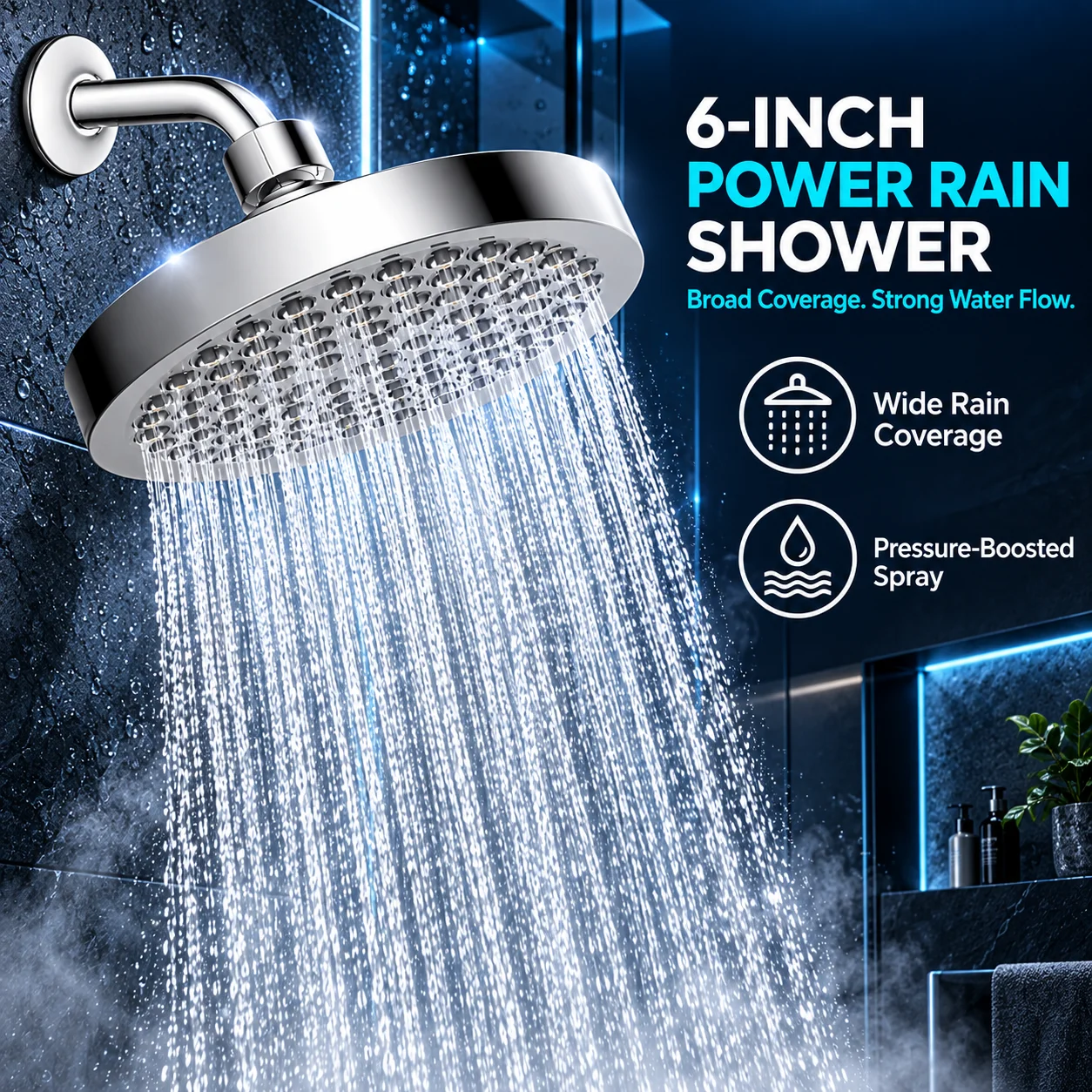  6 Inch High Pressure Booster Overhead Shower Head with Extension Arm Bathroom Accessory Round Rain Shower Head