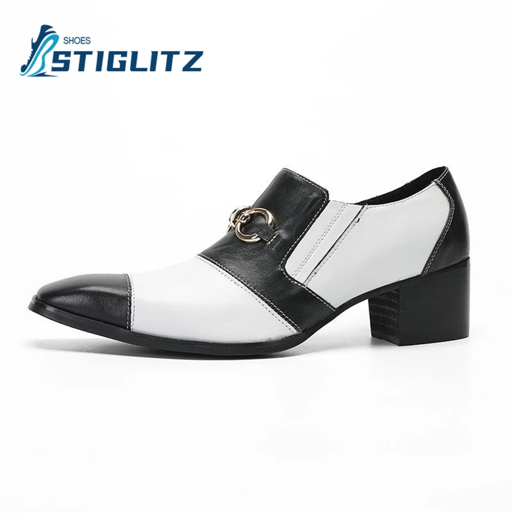 

Black and White Sewing Thread Stitching Genuine Leather Shoes Pointed Toe Square Heel Heightened Formal Shoes Men's Casual Shoes