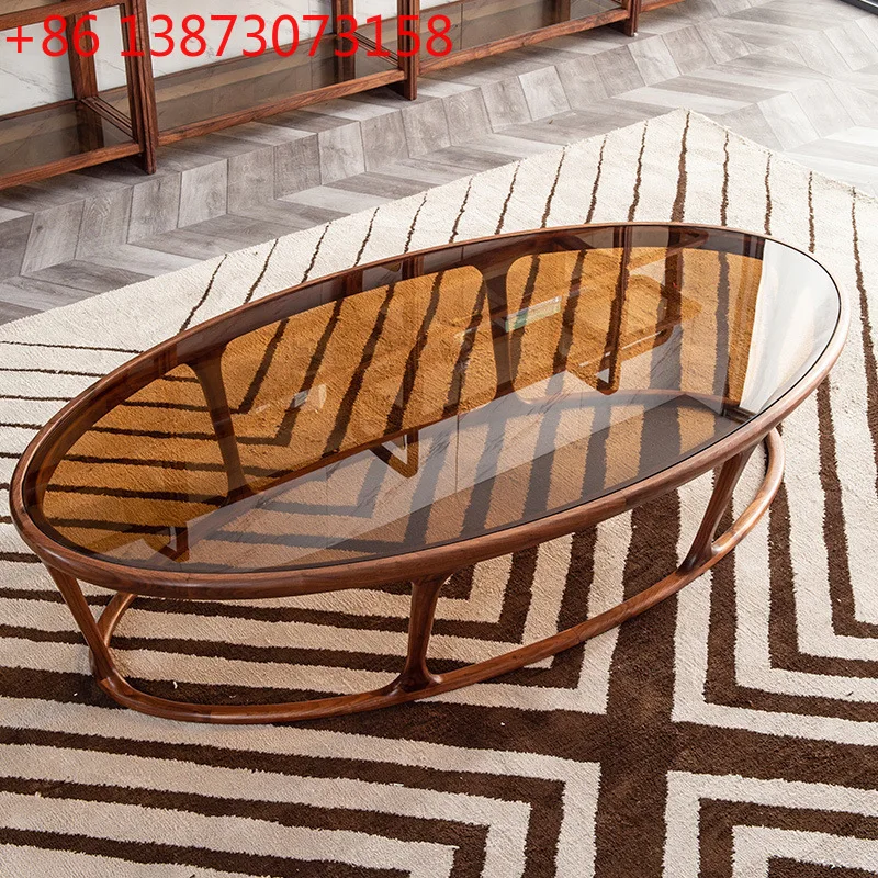 North American black walnut tempered glass coffee table living room household oval solid wood Nordic Italian tea table