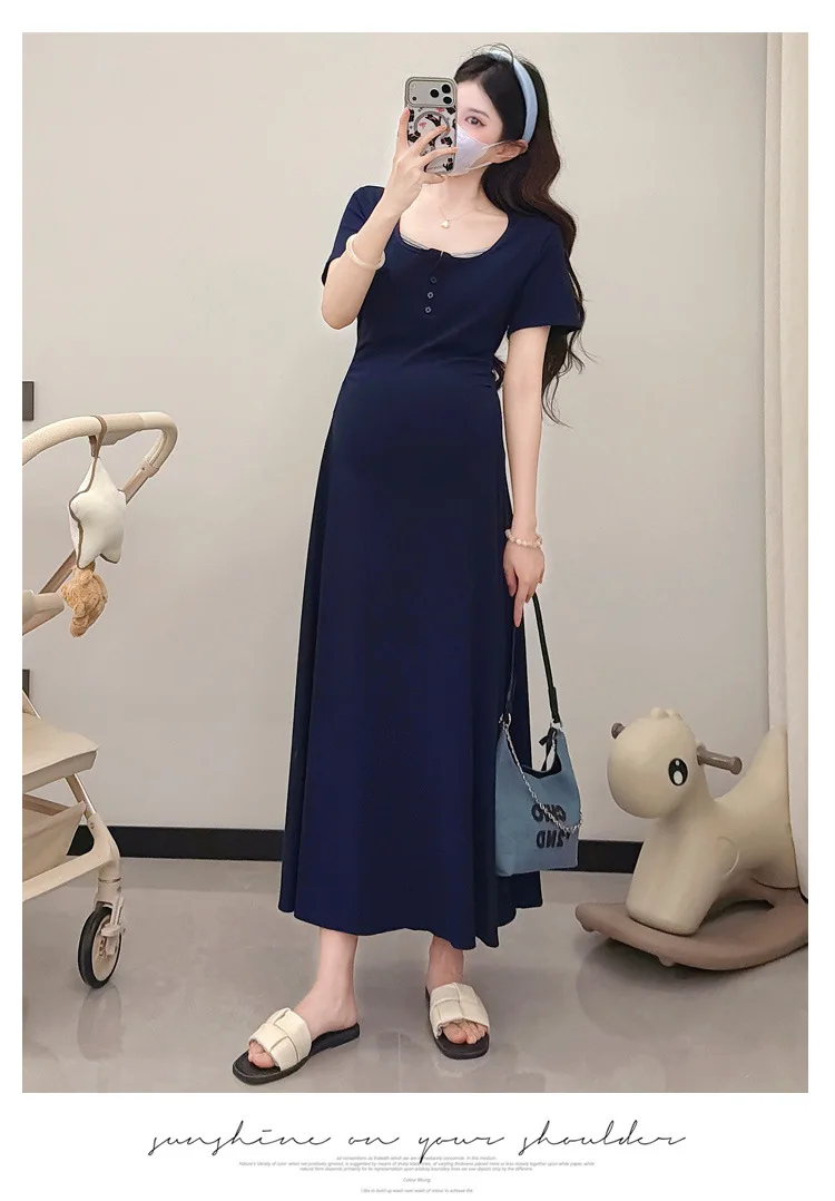 Maternity Dress Summer 2026 Blue Square Neck Short Sleeve Dress Slim Fit High Waist A Line for Pregnant Women Minimalist