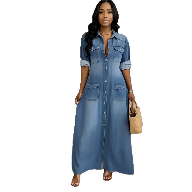 فستان نسائي غير رسمي من قماش الدنيم موضة كم طويل وياقة مقلوبة وأزرار فساتين فضفاضة ملابس نسائية للمكتب ربيع جديد 2025