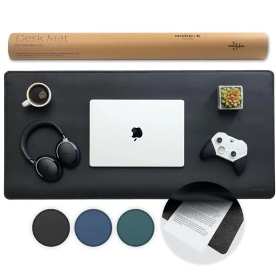 

Nordik Felt and Leather Desk Mat Non-Slip - Black - 35 X 17 Inch - Felt and Vegan Leather Desk Pad - Document Organizers - Desk