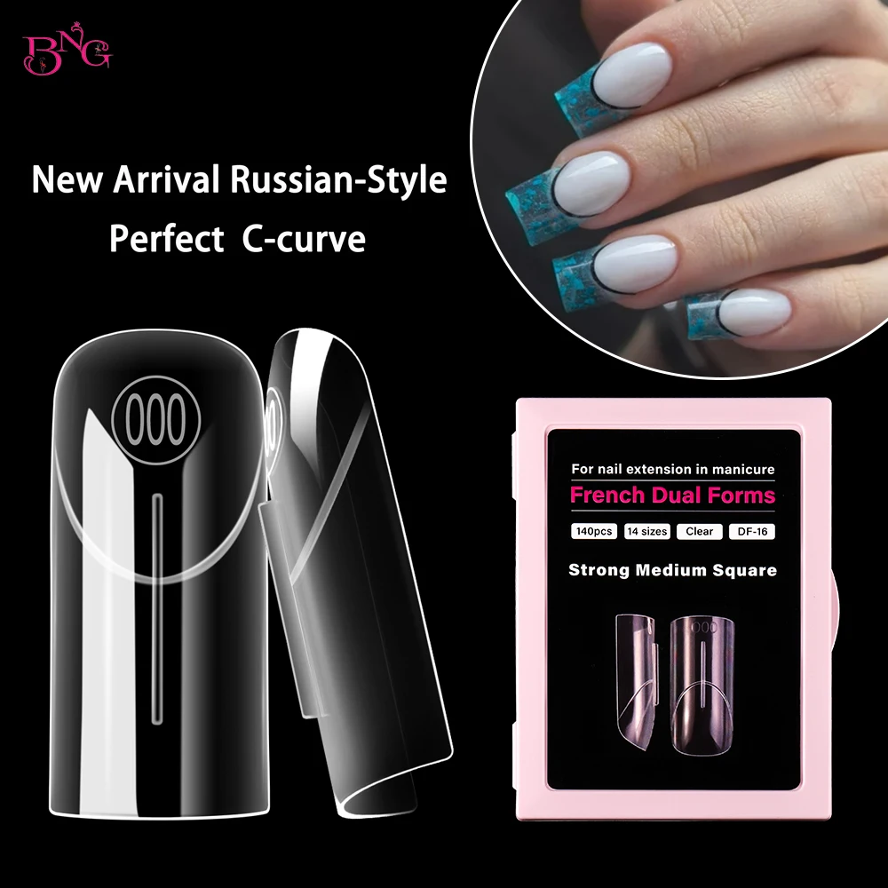BNG 140PCS French Nail Dual Form 14 Sizes Square Almond Nail Extension Mold with Inner French Line Reusable Tips for Builder Gel