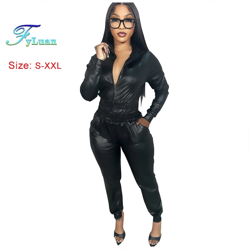 

Модные женские комплекты брюк из искусственной кожи с длинным рукавом на молнии с отложным воротником из мягкой кожи, короткий топ, узкие брюки, комплект из двух предметов