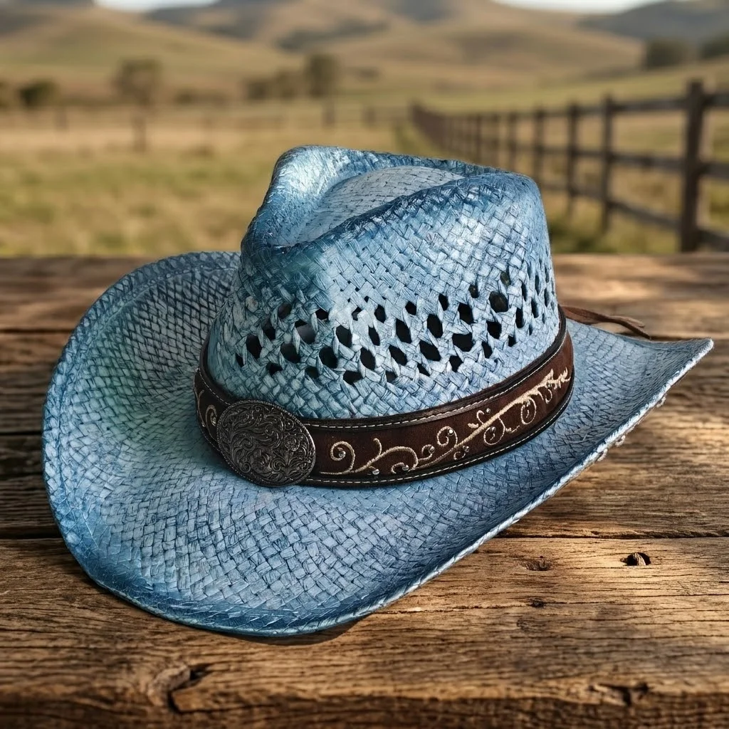 ins Handpaint Hollow Straw Cowboy Hat Women Vintage sun hat Concho Band Underbrim Embroidery Western Rodeo Panama Sun Caps