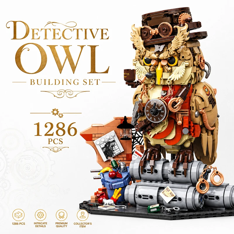 Image of 1286-teiliges Eulen-Detektiv-Magie-Tier-MOC-Bausteinset, Lehrreiches DIY-Spielzeug für Kinder und Erwachsene, Kreatives Baustein-Spielzeugmodell