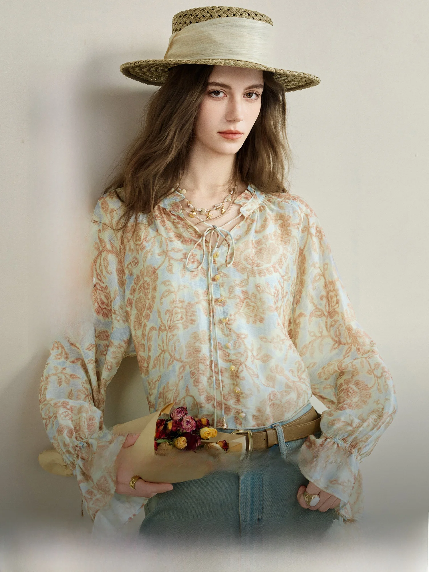 

Женская свободная дышащая комфортная повседневная рубашка с V-образным вырезом и длинными рукавами с кружевными вставками и цветочным принтом от NAGUAGU