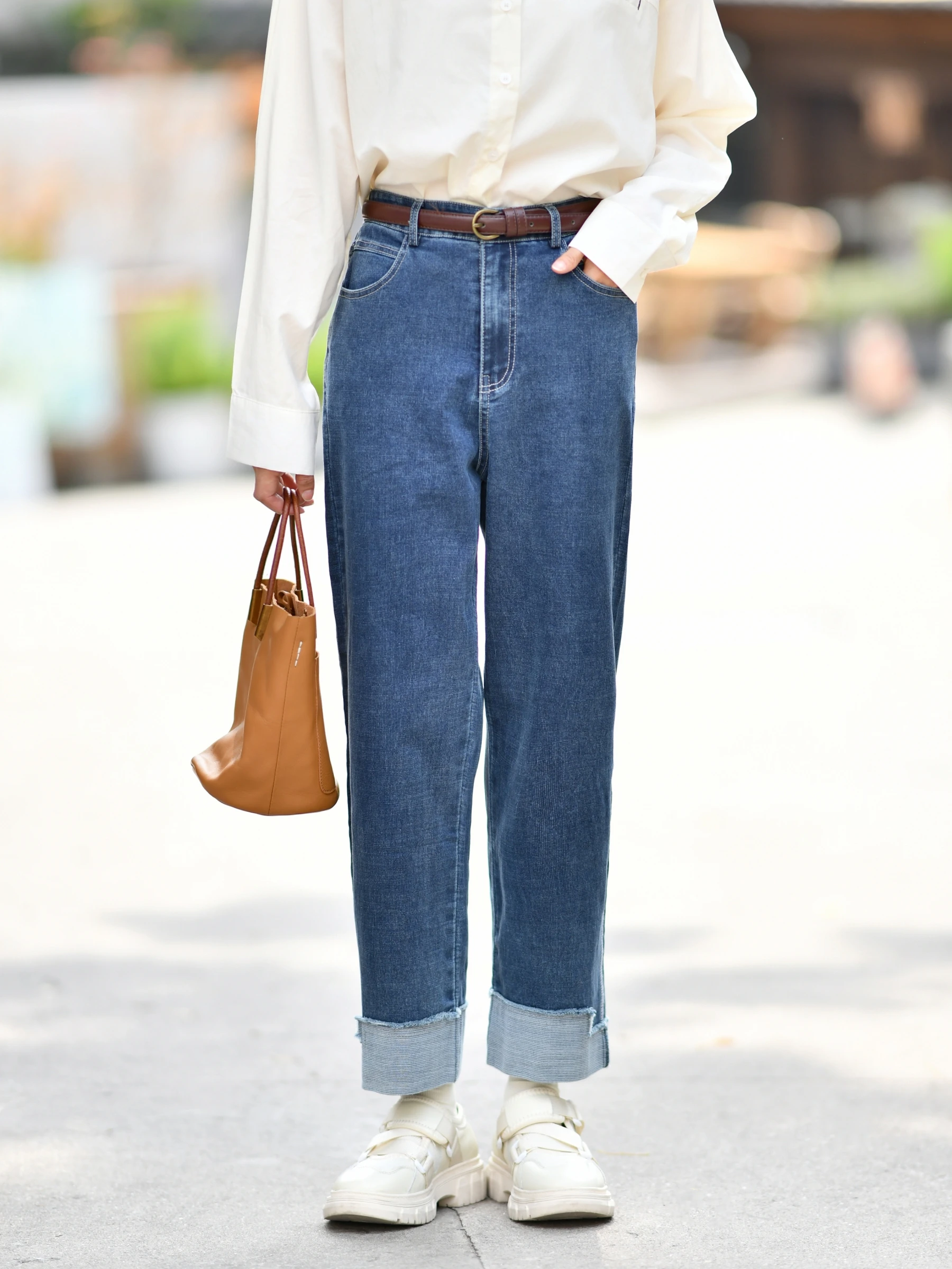 

Джинсы женские с высокой талией и широкими штанинами, весенние, с манжетами, облегающие, свободные, джинсы длиной до щиколотки, синие, Piup Blue