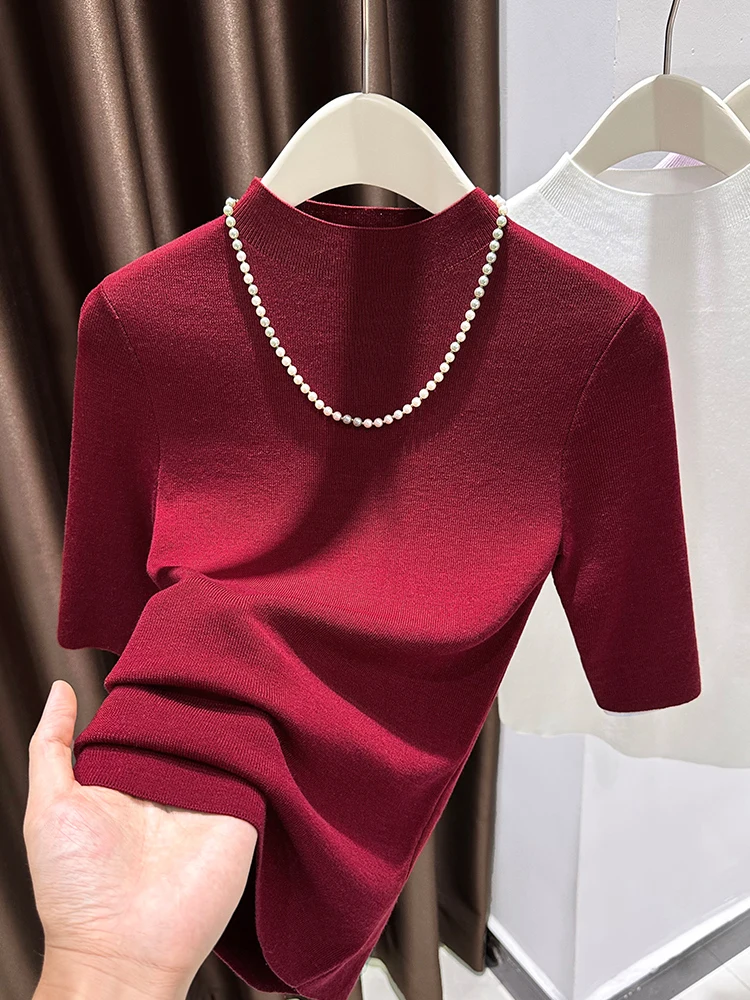

Red Knitted Base irt Women's Faionable f High Collar Five Sve Tops Commute Sle Breathable Autumn Inner Wear