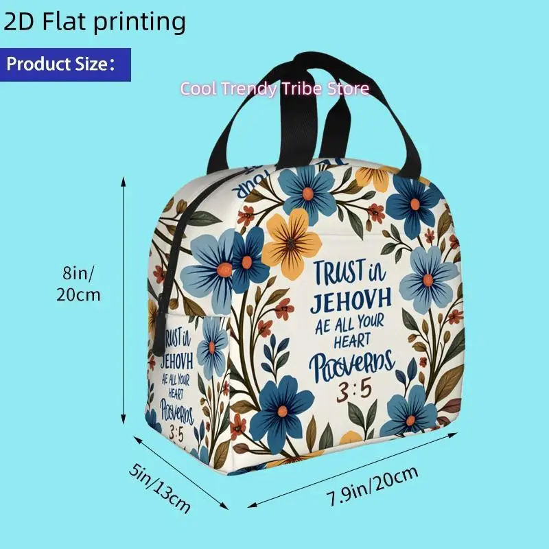 1pc, a Floral Wreath Featuring The Quote 'Trust in Jehovah'. This Printed Insulated Cooler Bag Is a Reusable And Portable Option