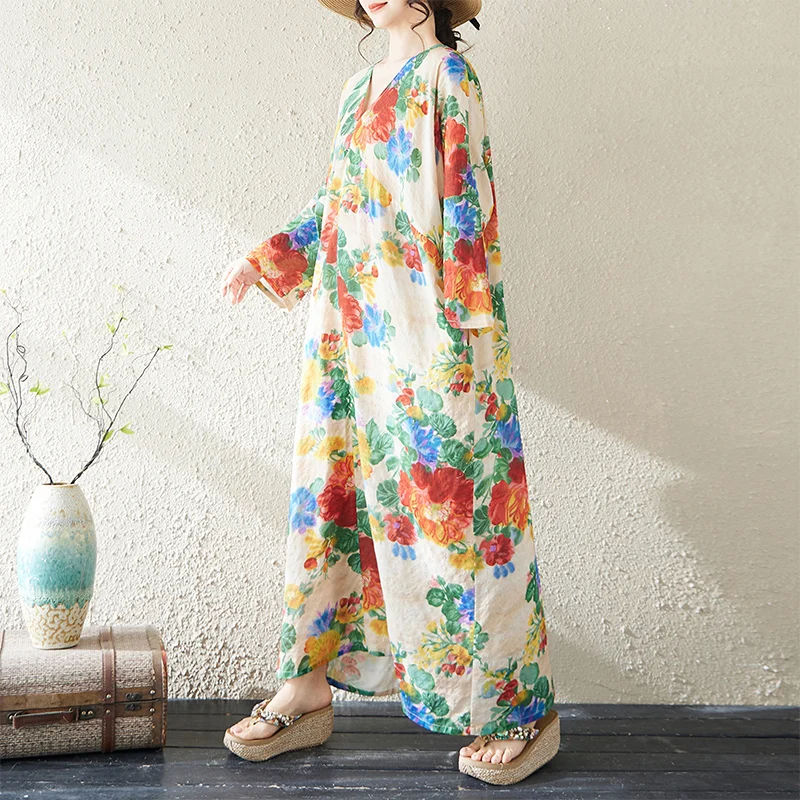 

Женское хлопково-льняное платье больших размеров с V-образным вырезом, длинным рукавом, свободного кроя, с принтом, в художественном стиле, для прогулок по городу, весна