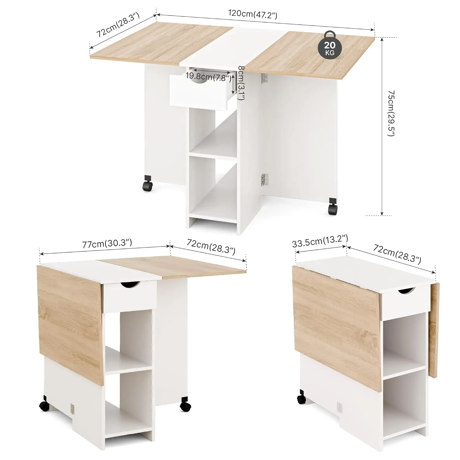 Folding Dining Table with Drawer and Shelves, Oak & White