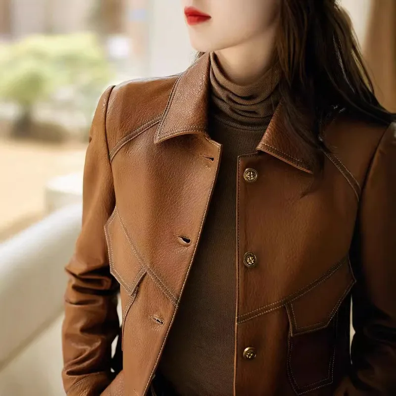 Mantel Fashion Wanita Musim Semi Musim Gugur Kulit Asli Pendek dengan Kerah Bulu Imitasi Slim Fit