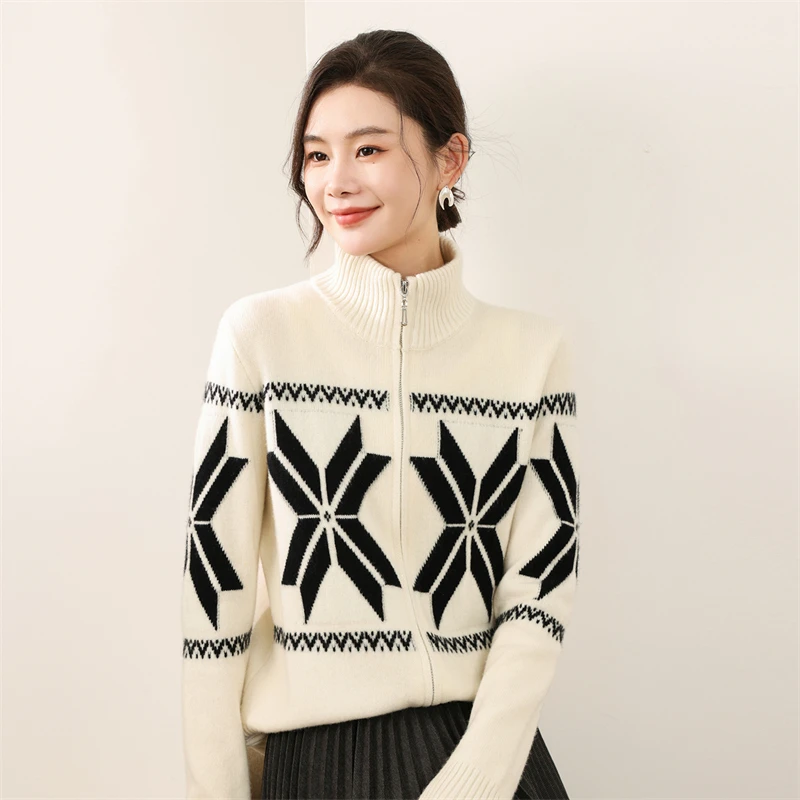 

Осень-зима 2025 года, свитер из 100% шерсти, пальто с длинным рукавом на молнии, восьмиугольный кардиган с цветочным принтом, модный повседневный женский шерстяной топ для поездок на работу