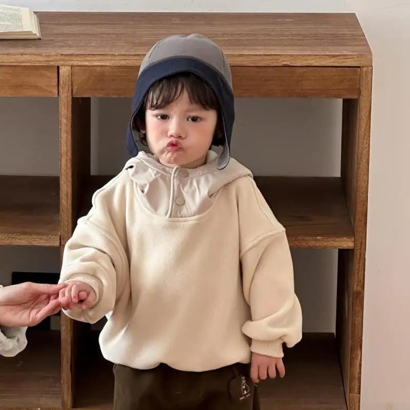 

2025 Winter New Baby Long Sleeve Fleece Hooded Sweatshirt Cotton Boys Girls Plus Velvet Thick Tops Infant Toddler Warm Clothes
