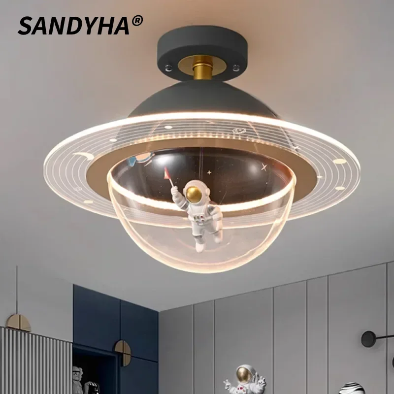 

SANDYHA Nordic Ceiling Light Cartoon Space Astronaut Moon Design Led Lamp Living Room Bedroom Decoration Dining Table Lighting