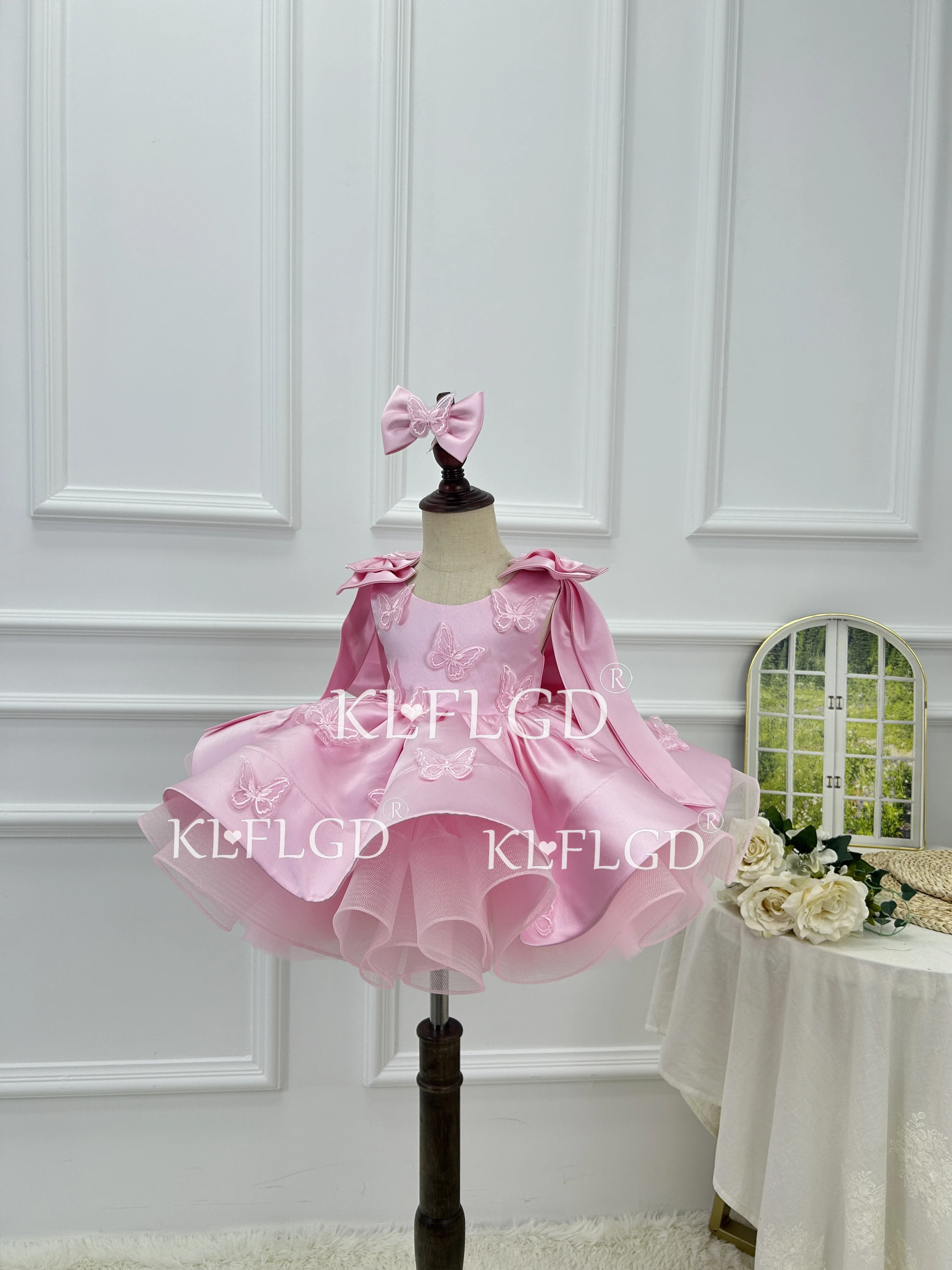 Pageant Dresses for Toddler Girls Gorgeous Elegant Pink Satin Butterfly High-End Christmas Party Dress Suitable for 0-8 Year Old