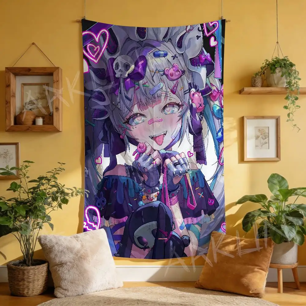 Y2K Anime Girl Tapestry, Sweet Dark Harajuku Style Wall Hanging, Neon Heart Skull Aesthetic Wall Tapestry for Bedroom Home Decor