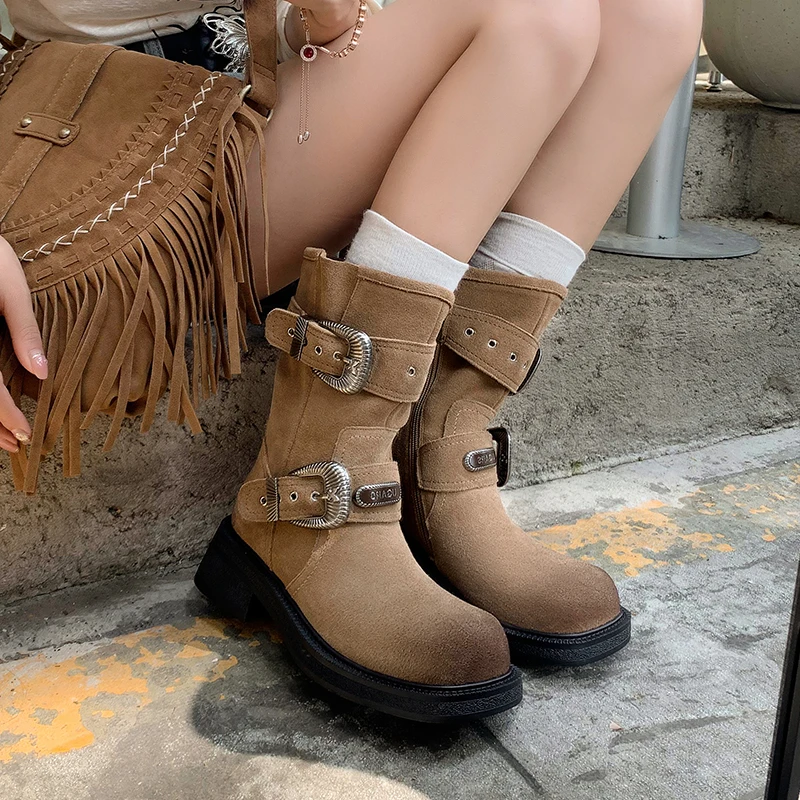 

Double Buckle Cowhide Women's Mid-calf Boots Thick Sole Side Zipper Ladies Motorcycle Boots Autumn Winter New Female High Heels