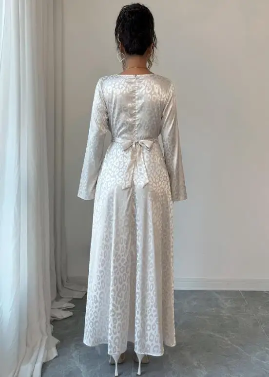

Round Neck Leopard Print Cross Tie Waist Dress 2025 Autumn Women's Fashionable Slim Fit Trumpet Sleeve A-Line Long Sleeved Dress