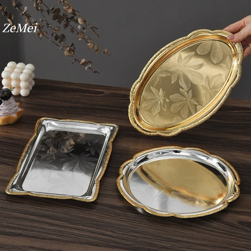 European-Style Rectangle Fruit Plate,Portable Carved Flower Texture Metal Cake Tray,28 cm Dessert Storage Snack Plate Decoration