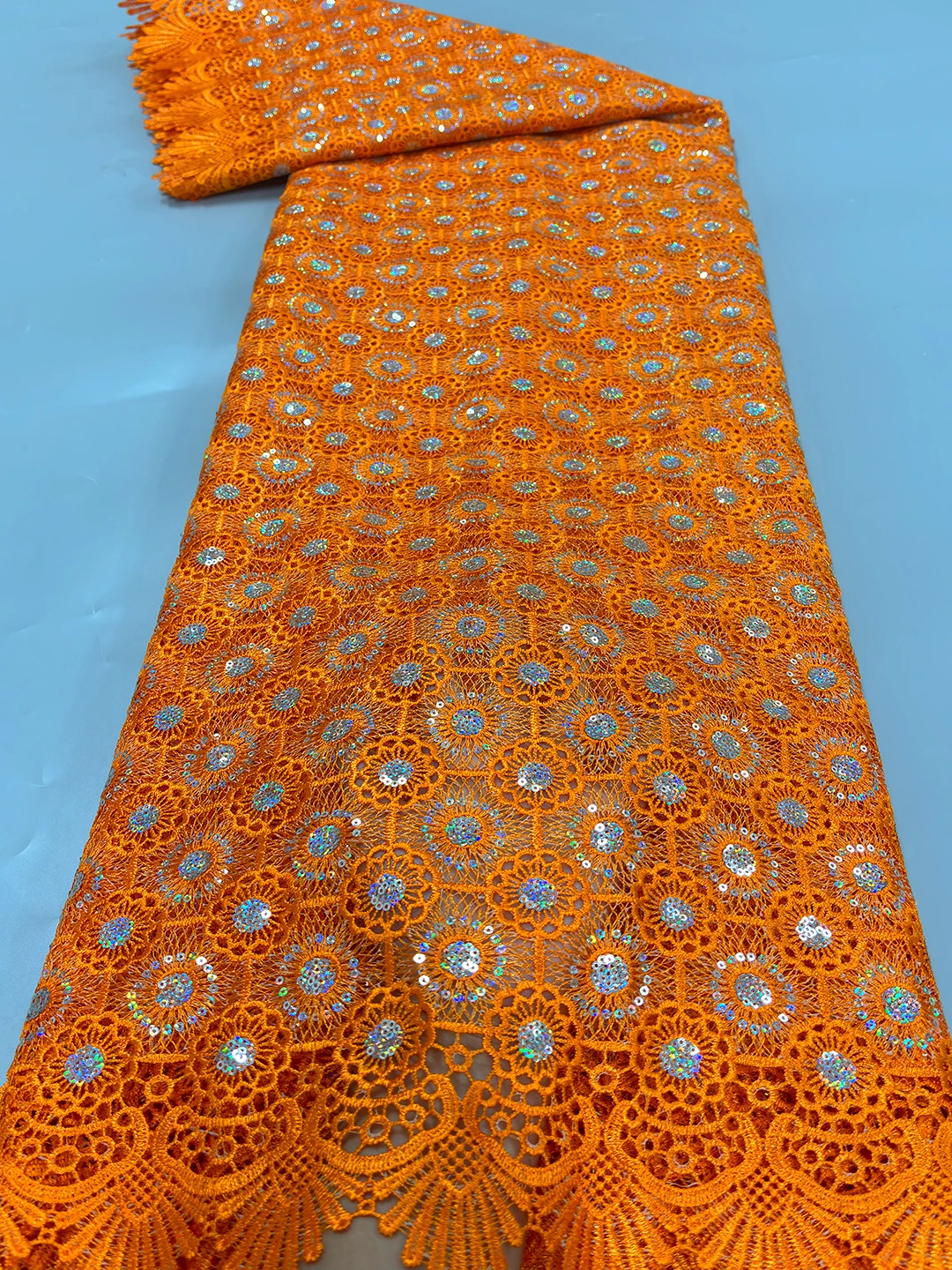 Orange Guipure Cord Lace Fabric 2024 High Quality Sequins Embroidery African Water Soluble Lace Fabric For Wedding Party Dress