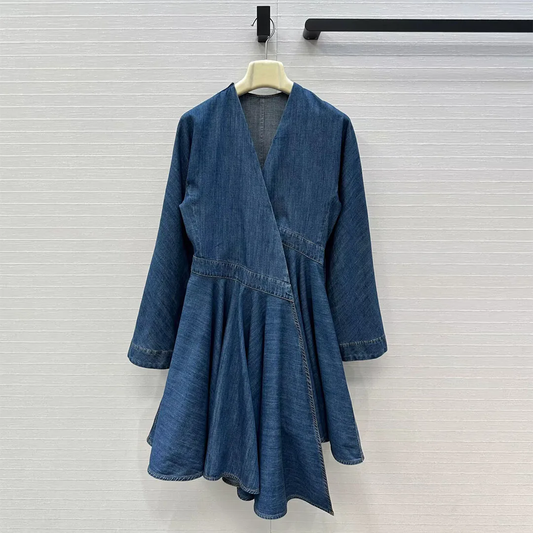 

New Autumn Fashion Blue Denim High Waist Asymmetry Dress Women Wrapping Style V-neck Long Sleeve Elegant Lady A-line Dresses